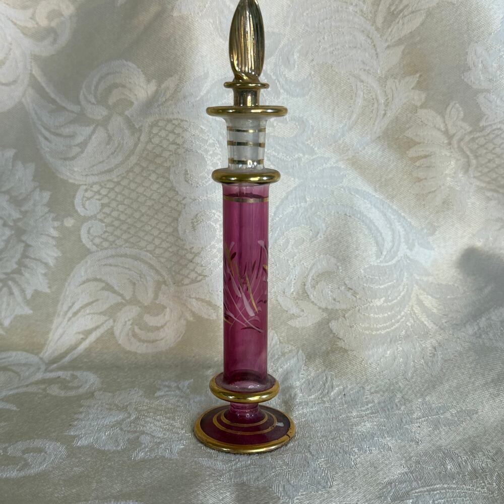 Vintage Cranberry Glass Perfume Bottle Hand Painted Gold Egyptian Style Vanity